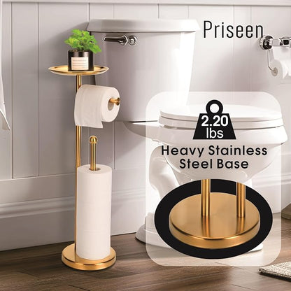 Toilet Paper Holder Stand with Phone Shelf, Gold TP Holder Freestanding, Holds 5 Rolls, Stainless Steel (Gold)