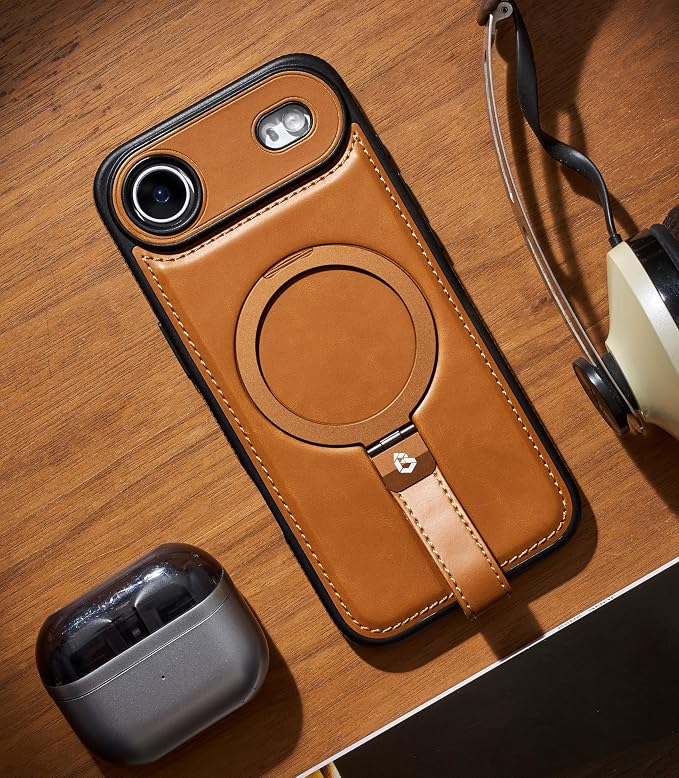 for iPhone Air Leather Case with Stand, Anti-Slip Grip Ring, Fits for MagSafe (Brown, iPhone Air)