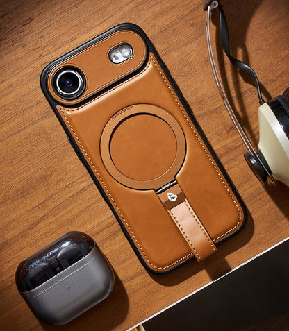 for iPhone Air Leather Case with Stand, Anti-Slip Grip Ring, Fits for MagSafe (Brown, iPhone Air)