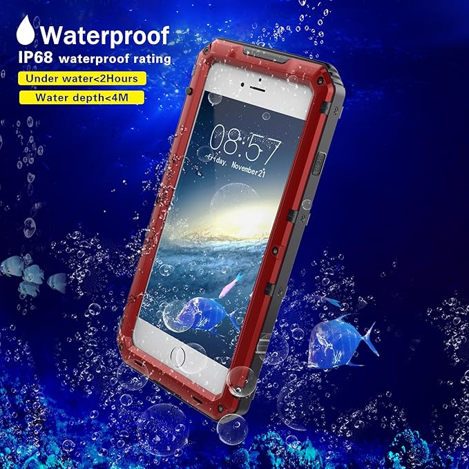 Mitywah Waterproof Case Compatible with iPhone 7 / iPhone 8 Heavy Duty Durable Metal Full Body Protective Case Built-in Screen Protection Shockproof Dustproof Rugged Military Grade Defender, Red