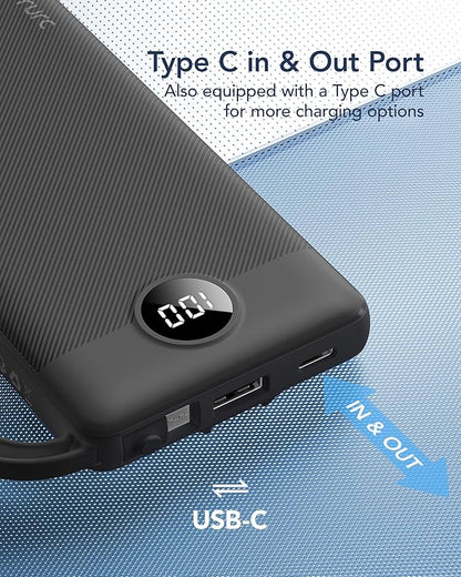 VRURC Portable Charger, Built-in 4 Cables Slim Power Bank 10000mAh, USB C Charging Bank with LED Display, Compact Travel Battery Pack with 5 Outputs for Multi Devices, Android-Black(1 Pack)