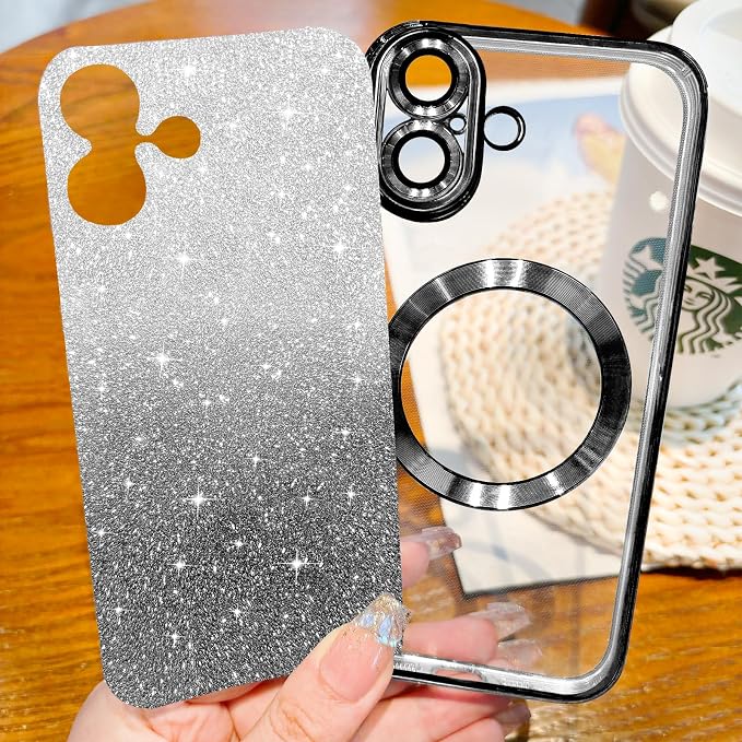 Hython for iPhone 17 Case Glitter Clear Magnetic Phone Cases [Compatible with MagSafe] Full Camera Lens Protector Sparkle Luxury Plating Slim Shockproof Protective Cover Women, Gradient Black