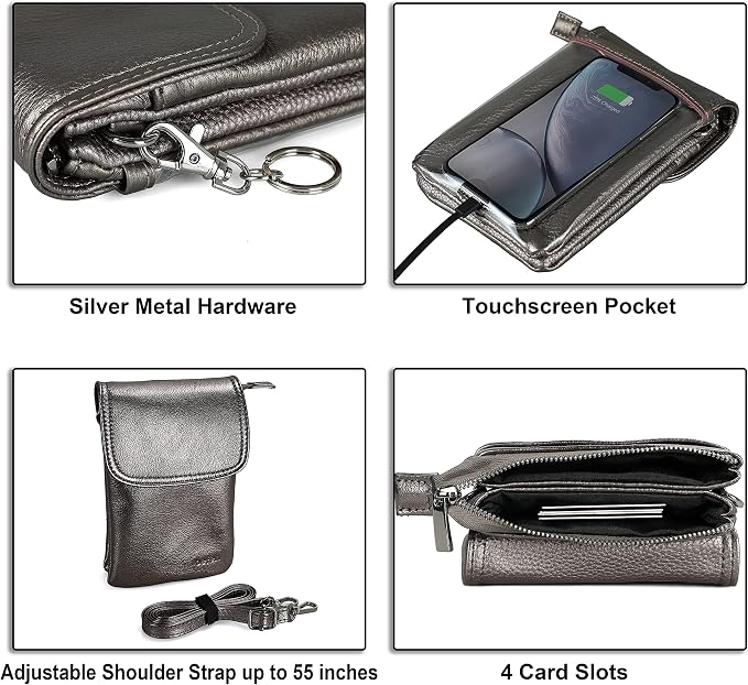 befen Genuine Leather Small Crossbody Bags for Women Cell Phone Bag Cross Body Purses,Silver Zipper