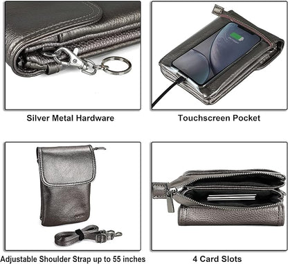 befen Genuine Leather Small Crossbody Bags for Women Cell Phone Bag Cross Body Purses,Silver Zipper