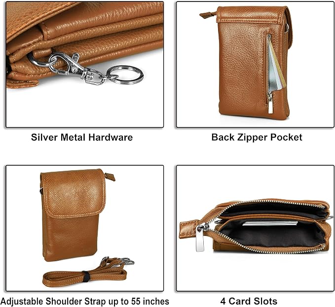 befen Genuine Leather Small Crossbody Bags for Women Cell Phone Bag Cross Body Purses,Silver Zipper