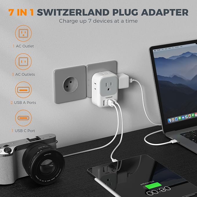 TESSAN Switzerland Travel Plug Adapter, Type J Plug, 2 Pack | 4 Outlets, 3 USB Charging Ports (1 USB C PD 20W), US to Switzerland, Liechtenstein, Rwanda