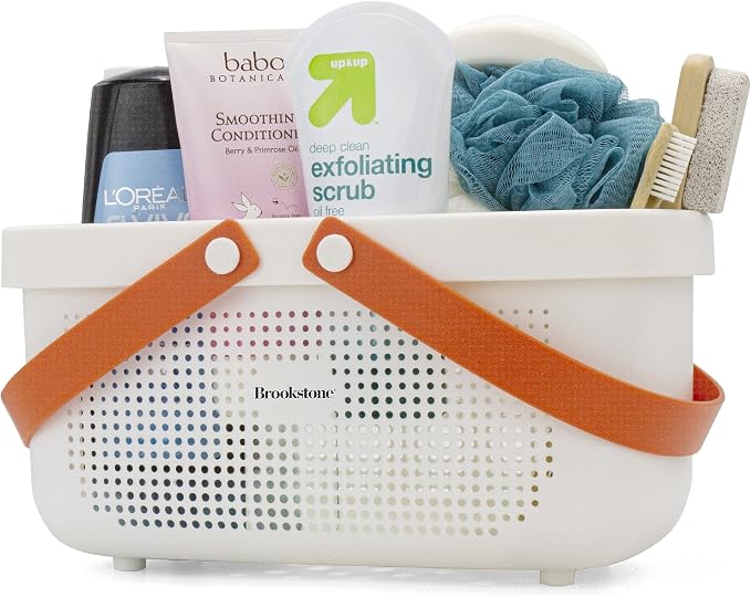 Brookstone Modern Large Portable Shower Caddy with Soft Silicone Carrying Handle, Bathroom Organizer Basket, Plastic Bath Tote and Shower Organizer, Quick Dry Drainage Holes, BPA Free, White