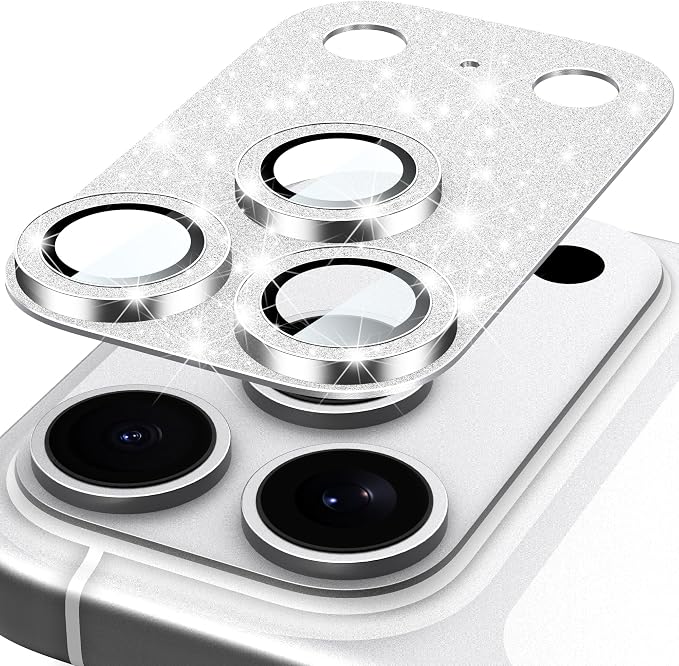 Suoman for iPhone 17 Pro Max Camera Lens Protector, [All-in-one] [Strong-Adhesion] Bling Glitter Independent Metal Frame Tempered Glass Camera Lens Cover -Silver