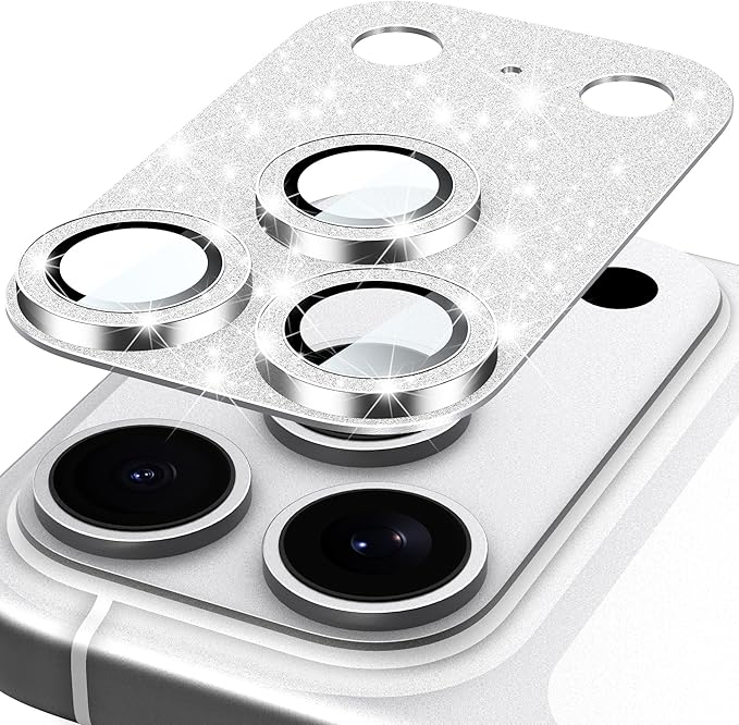 Suoman for iPhone 17 Pro Camera Lens Protector, [All-in-one] [Strong-Adhesion] Bling Glitter Independent Metal Frame Tempered Glass Camera Lens Cover -Silver
