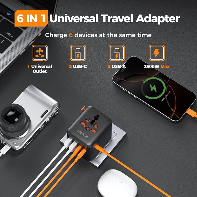 TESSAN Universal Travel Adapter, Black | 28W, 5 USB Ports (3 USB C), US to Europe UK France Germany Spain Australia, Type C G A I