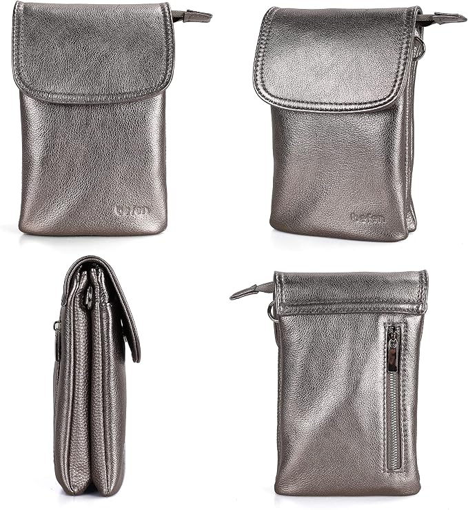 befen Genuine Leather Small Crossbody Bags for Women Cell Phone Bag Cross Body Purses,Silver Zipper