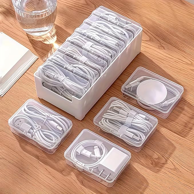 7 Grid Clear Cable Organizer Box with Switch for Desktop Cord Storage | Office desktop use, home wire sorting, stationery storage, detachable dividers, tidy cable arrangement