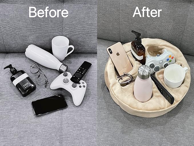 Xchouxer Couch and Bed Cup Holder Pillow, Sofa Organizer Caddy for Drinks, Remotes, Phones, Snacks (Beige)