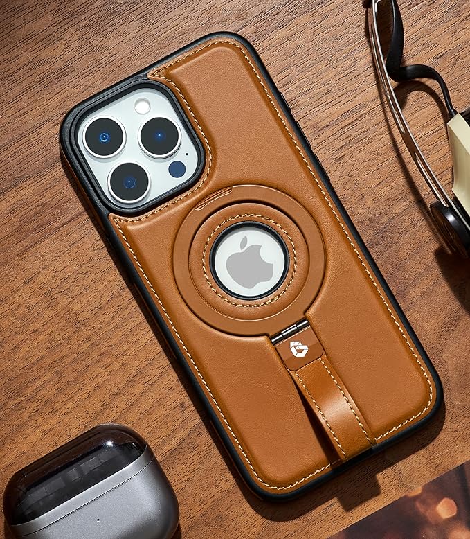 for iPhone 16 Pro Leather Case with Stand, Anti-Slip Grip Ring, Fits for MagSafe (Brown, iPhone 16 Pro)