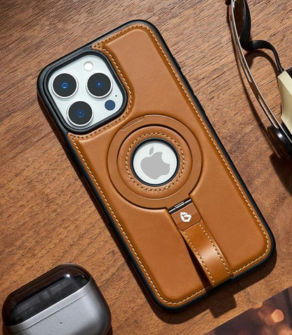 for iPhone 13 Pro Leather Case with Stand, Anti-Slip Grip Ring, Fits for MagSafe (Brown, iPhone 13 Pro)