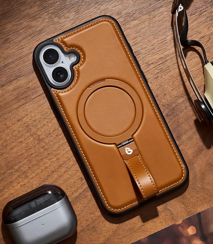 for iPhone 17 Leather Case with Stand, Anti-Slip Grip Ring, Fits for MagSafe (Brown, iPhone 17)