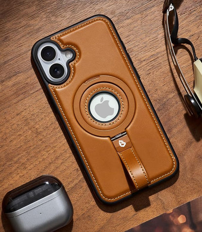 for iPhone 16 Plus Leather Case with Stand, Anti-Slip Grip Ring, Fits for MagSafe (Brown, iPhone 16 Plus)