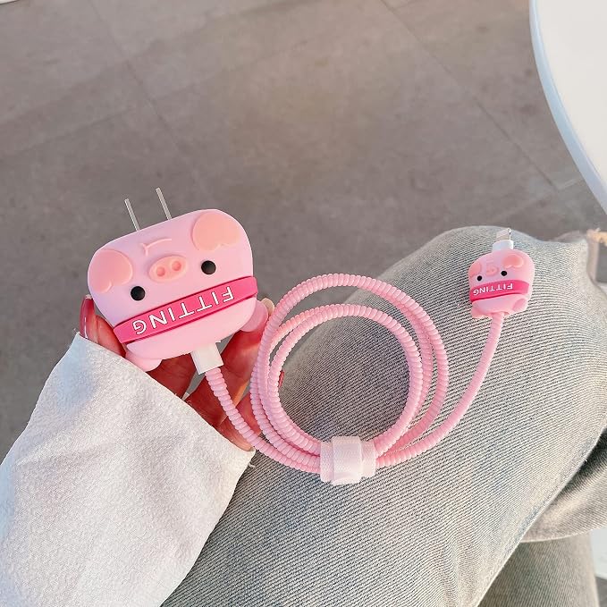 3D Cute Cartoon Charger Protector Case - Compatible for Apple 20W USB-C Power Adapter and Lightning Cable (Pink Pig)